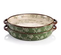 AVLA 2 Pack Ceramic Pie Pan, 23 cm Round Baking Dish with Double Handle, 28 Ounce Deep Quiche Plate for Kitchen, Cooking, Roasting Lasagna (Sakura, Green)