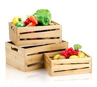 AVLA 3 Pack Bamboo Storage Crates, Nesting Decorative Storage Organizer Box, Vintage Container Bin with Handles, Countertop Baskets Display Risers for Home, Kitchen Pantry Cabinet, Shelf, Counter