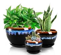 AVLA 3 Pack Ceramic Flower Pots, Gardening Drip Glazed Planter, Plant Pot with Drainage Hole and Saucer, 7/5/4 Inch Rustic Houseplant Container for Succulent Herbs Cactus Orchid, Home Indoor Outdoor