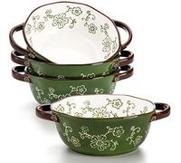 AVLA 4 Pack Ceramic Soup Bowls, 22 Ounces Porcelain Serving Bowl Set with Double Handle, Large Ceramic Crocks for French Onion Soup, Stew, Pasta, Cereal, Pot Pies (Green)