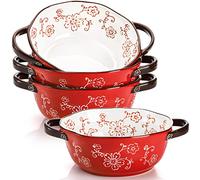 AVLA 4 Pack Ceramic Soup Bowls, 625ml Porcelain Serving Bowl Set with Doundle Handle, Large Ceramic Crocks for French Onion Soup, Stew, Pasta, Cereal, Pot Pies (Red)