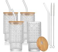 AVLA 4 Pack Drinking Glasses with Bamboo Lids and Straws, 12 OZ Vintage Stackable Highball Water Cup, Skinny Tall Collins Tumbler, Embossed Beverage Glassware Iced Coffee Glass for Mojito Juice Soda