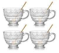 AVLA 4 Pack Glass Coffee Mugs, 16 OZ/480 ml Clear Tea Cups with Handle and Spoons, Crystal Drinking Glassware for Latte, Cappuccino, Americano, Juice, Hot Beverage, Water, Dishwasher & Microwave Safe