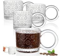 AVLA 4 Pack Vintage Glass Coffee Mugs, 240ml / 8 OZ Clear Embossed Tea Cups, Transparent Drinking Glassware with Large Handle, Mocha Hot Beverage Mugs for Cappuccino, Latte, Americano, Juice, Yogurt
