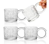 AVLA 4 Pack Vintage Glass Coffee Mugs, 8 OZ Clear Embossed Tea Cups, Transparent Drinking Glassware with Large Handle, Mocha Hot Beverage Mugs for Cappuccino, Latte, Americano, Juice, Yogurt