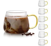 AVLA 6 Pack Glass Coffee Mugs, 16OZ/480ML Unique Vertical Stripes Coffee Cup, Clear Large Tea Glasses with Handle, Vintage Transparent Glassware for Hot/Cold Beverages, Cappuccino, Latte, Juice