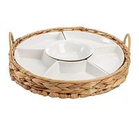 AVLA Ceramic Divided Serving Dishes, Porcelain Relish Tray, Party Appetizer Platter, 6 Removable Snack Bowls with Cattail Basket for Chips and Dips, Candy, Nut, Condiment, Veggie, Portable Handle