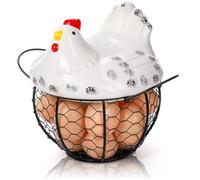 AVLA Chicken Egg Basket, Black Wire Egg Collection Baskets with Ceramic Lids for Gathering Fresh Eggs, Chicken Egg Holders, Countertop, Decorative