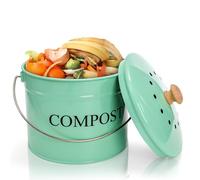 AVLA Metal Kitchen Compost Bin, 3.8L / 1 Gallon Countertop Food Waste Caddy, Odorless Composter Bucket with Handle, Charcoal Filter and Lid, Indoor Composting Pail, Mint Green