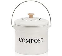 AVLA Metal Kitchen Compost Bin, 3.8L / 1 Gallon Countertop Food Waste Caddy, White Composting Bucket with Handle, Charcoal Filter and Lid, Indoor Composting Container for Organic Recycling