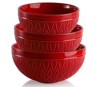 AVLA Porcelain Mixing Bowls for Kitchen, 3/1.8/1.2 Qt Ceramic Large Serving Salad Soup Bowl Set, Deep Nesting Bowl for Space Saving, 3-Piece Set, Microwave and Dishwasher Safe, Red