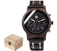 AVLUZ Men Viking Quartz Watch with Date Display & Luminous Black Brown Wood Adjustable Watch Band, Handmade Wood Watch Wrist Watches with Watch Box. (A)