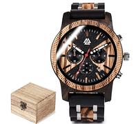 AVLUZ Men Viking Quartz Watch with Date Display & Luminous Black Brown Wood Adjustable Watch Band, Handmade Wood Watch Wrist Watches with Watch Box. (C)