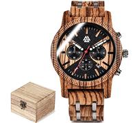 AVLUZ Men Viking Quartz Watch with Date Display & Luminous Black Brown Wood Adjustable Watch Band, Handmade Wood Watch Wrist Watches with Watch Box. (B)