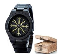 AVLUZ Mens Black Ebony Viking Wooden Wrist Watch, Adjustable Watch Band Wood Watch Gift Box, Norse Symbols Handmade Engraved Watch. (B)