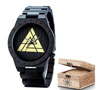 AVLUZ Mens Black Ebony Viking Wooden Wrist Watch, Adjustable Watch Band Wood Watch Gift Box, Norse Symbols Handmade Engraved Watch. (C)