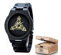 AVLUZ Mens Black Ebony Viking Wooden Wrist Watch, Adjustable Watch Band Wood Watch Gift Box, Norse Symbols Handmade Engraved Watch. (E)