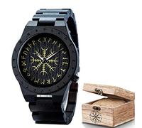 AVLUZ Mens Black Ebony Viking Wooden Wrist Watch, Adjustable Watch Band Wood Watch Gift Box, Norse Symbols Handmade Engraved Watch. (A)