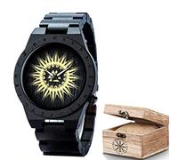 AVLUZ Mens Black Ebony Viking Wooden Wrist Watch, Adjustable Watch Band Wood Watch Gift Box, Norse Symbols Handmade Engraved Watch. (D)