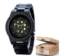 AVLUZ Mens Black Ebony Viking Wooden Wrist Watch, Adjustable Watch Band Wood Watch Gift Box, Norse Symbols Handmade Engraved Watch. (F)