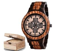AVLUZ Men's Viking Celtic Cross Wooden Quartz Movement Watch, Handmade Engraved Adjustable Watch Band with Wooden Watch Gift Box. (Black)