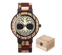 AVLUZ Men's Viking Wooden Watch Solid Wood Analog Quartz Wrist Watch with Nordic Vegvisir Compass Adjustable Watch Band, Handmade Engraved.