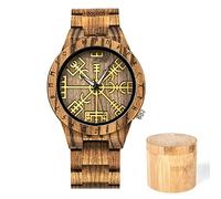 AVLUZ Viking Compass Mens Wooden Wrist Watch, with Quartz Movement Helm of Awe Wood Handmade Engraved Watch Gift. (Brown)