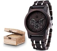 AVLUZ Viking Quartz Wooden Wrist Watch with Date Display & Luminous Black Brown Wood Adjustable Watch Band, Handmade Wood Wrist Watches. (Black)