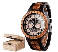 AVLUZ Viking Tree of Life Handmade Engraved Wooden Watch, Norse Mythology DIY Wrist Watch, Adjustable Band,Analog Quartz Watch Wooden Watch Box. (Black)