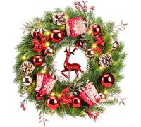 Avoalre 40cm/16 inch Christmas Wreath with Lights 40LED Xmas Door Wreath Light Battery Operated with Timer 8 Mode Light up Christmas Decorations for Front Door Fireplace Wall Festival Home-Red Green