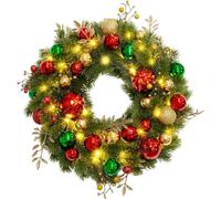 Avoalre 40cm/16 inch Christmas Wreath with Lights 40LED Xmas Door Wreath Light Battery Operated with Timer 8 Mode Light up Christmas Decorations for Front Door Fireplace Wall Festival Home-Red Gold