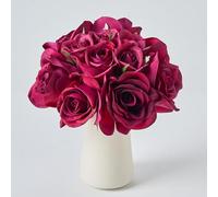 Avoeco 12-Piece Faux Real Touch Rose Bouquet in Ceramic Vase, Fake Flowers in Vase, Artificial Flowers for Home, Wedding, Bridal Bouquet, Party & Dining Table Centerpiece Decor (Burgundy, 10" High)