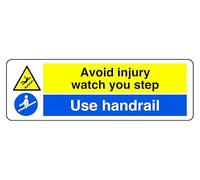 Avoid Injury Watch You Step A Use Handrail - safety sign - High tack self-adhesive sticker (600mm x 200mm) Viewing Distance within 14m.