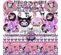 AVONO Kuromi Birthday Party Supplies, Party Decorations Set Include Banner, Balloons, Hanging Swirls, Cake Cupcake Toppers, Tablecloth for Girls Kuromi Theme Party