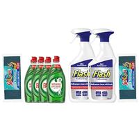 AVP-CLEANING KIT, Fairy Washing Up Liquid 320ml 4 Pack, 2 X Flash Spray with Bleach, 8 General Purpose Sponge Scourers, Kitchen Cleaning Kit,