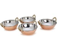 AVS STORES ® Set of 4, Indian Copper Serveware Karahi Vegetable Dinner Bowl with Solid Brass Handle for Indian Food, Diameter- 13 cm (5.2 Inches), Silver
