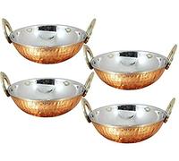 AVS STORES ® Set of 4, Pure Copper, Stainless Steel Bowls with Solid Brass Handle Serveware Accessories Karahi Pan for Indian Food,Diameter- 6.9 Inches, Silver