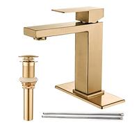 AVSIILE Brushed Gold Bathroom Faucet, Golden Single Hole Vanity Bath Faucet, Single Handle Modern Stainless Steel Bathroom Faucets for Sink 1 Hole with Pop Up Drain Stopper & Water Supply Hoses