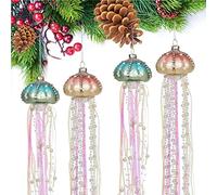 AvviKro 4 Pieces 13" Christmas Tree Hanging Ornaments Plastic Jellyfish Rhinestone Pearls Beaded Streamers Coastal Pendants Xmas Party Decoration Mini Christmas Tree Ornaments