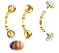 AVYRING 14G Belly Button Bars - 3 Piece Navel Jewelry Set in Gold, 8mm Bar Length with Crystal & Opal