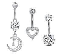 AVYRING 14G Silver Stainless Steel Belly Button Bar with Zircon Inlays, 3 Pieces Belly Bar Set for Women Belly Button Navel Piercing Jewellery