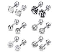 AVYRING 16G CZ & Ball & Rose Tragus Earrings Stainless Steel Stud Ear Piercing Helix Earrings Piercing for Women Men 6 Pairs - Silver