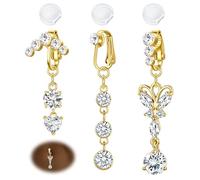 AVYRING 3 Pcs Gold Fake Belly Button Rings Clip On, Stainless Steel Non Piercing Belly Jewelry with Heart & Butterfly & Diamond Pendant Designs, Adjustable Belly Rings for Women