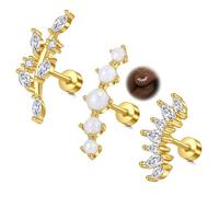 AVYRING 3PCS Gold Flat Back Studs for Women - 16G Stainless Steel Cartilage Earrings with Leaf, Opal, CZ for Helix, Tragus, Daith, Conch Piercing Jewelry
