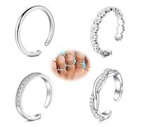 AVYRING 4 Pcs Silver Toe Rings for Women, Adjustable Open Toe Ring Set, 2mm Thin Band, Cross Twisted, Daisy Flower, Single Row Diamond, Stainless Steel, Beach Wedding Summer Everyday Foot Jewelry