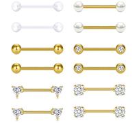 AVYRING 6 Pairs Stainless Steel Gold Nipple Bars - 14G 16mm Straight Barbell with Heart & Round Cubic Zirconia, Tongue Piercing Jewelry for Women Men