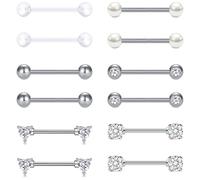 AVYRING 6 Pairs Stainless Steel Nipple Bars - 14G 16mm Straight Barbell with Heart & Round Cubic Zirconia, Tongue Piercing Jewelry for Women Men, Silver