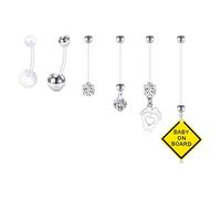 AVYRING 6Pcs Pregnancy Belly Bars 14G Silver Surgical Steel Flexible Plastic Maternity Belly Bar Hypoallergenic Flexible Long Dangly Belly Button Piercing for Women 12mm-38mm Heart CZ