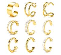 AVYRING 9PCS Ear Cuffs Non Piercing - Stainless Steel Clip On Ear Cuff Set for Women, Adjustable Helix Cartilage Cuff Earrings, CZ Fake Piercing Stackable Ear Jewelry