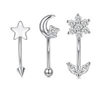 AVYRING Rook Piercing Jewellery, 16G Stainless Steel Curved Barbells with CZ Flowers, Moon, and Stars Design for Eyebrow, Daith, Helix, Conch, Tragus Cartilage Earrings & Thin Belly Bars, Silver